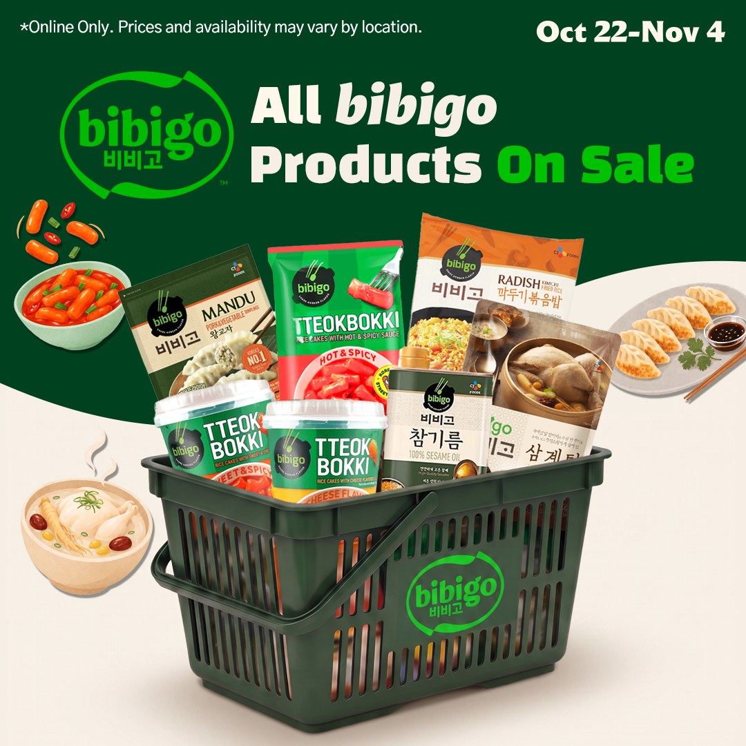 All bibigo products on sale, Oct 22 – Nov 4. Online only.